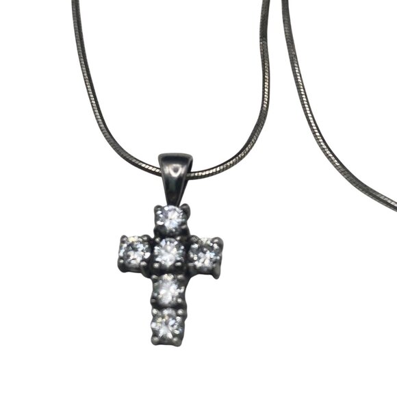 Vintage Sterling Silver 925 Necklace Cross Prong Set CZ .75" Pendant 18" 3.58g - Picture 2 of 9